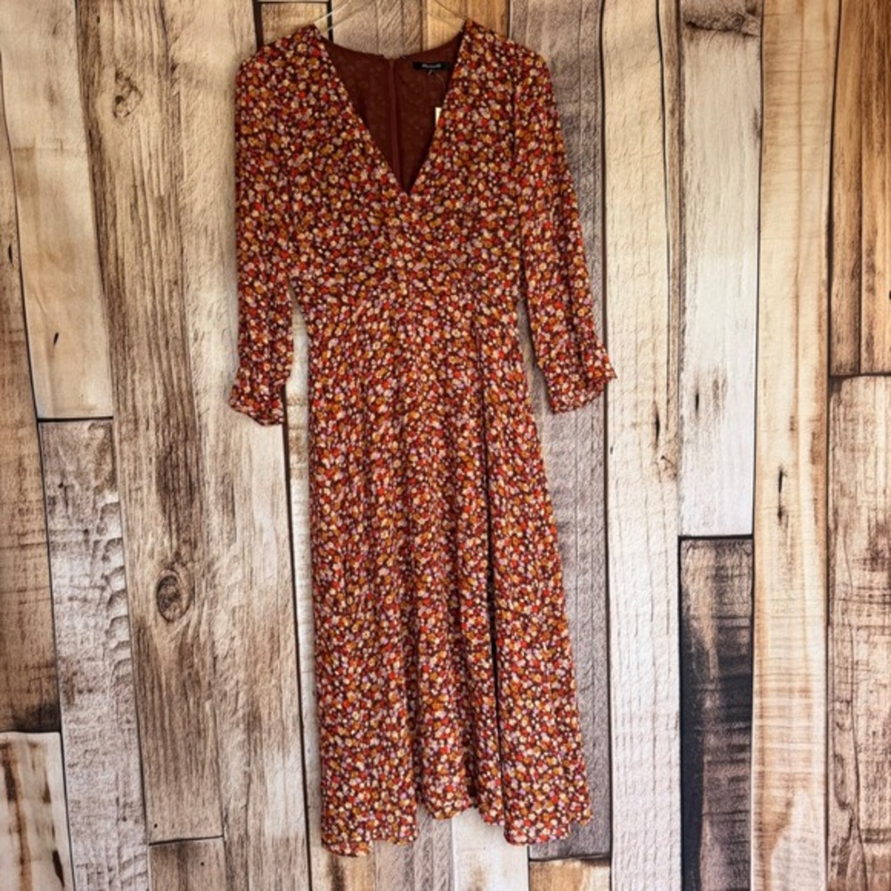 Madewell Dress Crossover Midi Clipdot Floral‎ Size 2 Faux Wrap Prairie Brown NWT